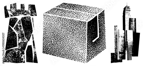 Stylized architectural silhouettes rendered in halftone dot, abstract shapes, graphic design elements, vector art composition, urban motifs.