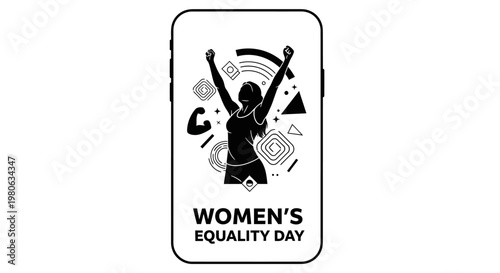 Women Equality Day celebration illustration with a triumphant female figure on a smartphone screen.