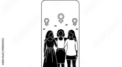 Three diverse women standing together with female gender symbols above them.
