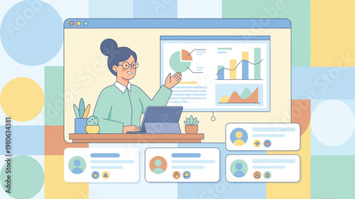 Vector illustration of woman presenting business analytics on laptop during virtual meeting with charts and graphs