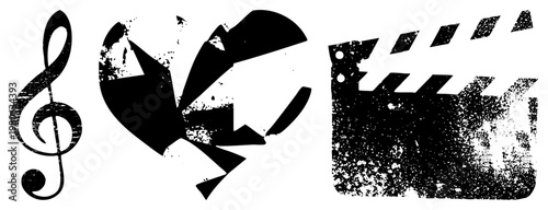 Vector of treble clef, shattered heart, and clapperboard with distressed texture, artistic symbols, graphic design elements, isolated symbols.