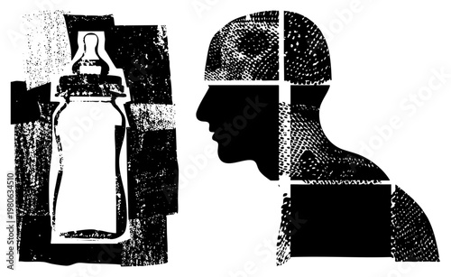 Mother silhouette holding baby bottle, maternal care graphic, parenting illustration, black and white halftone, stylized vector art, parental bonding, infant feeding scene.