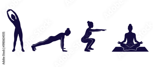 Simple yoga and fitness exercise sequence illustrated in a minimalist silhouette style