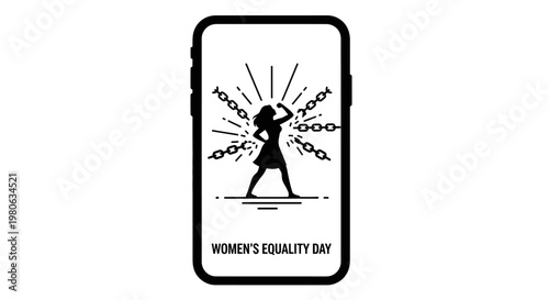 Smartphone display featuring a powerful silhouette of a woman breaking chains for Womens Equality Day.