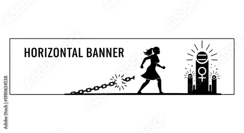 Woman breaking free from chains concept horizontal banner illustration.