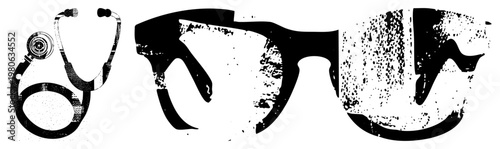 Stethoscope and eyeglasses rendered in high contrast black and white with distressed textures, medical, isolated graphic elements, halftone grain, vector illustration.