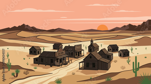 Old Western town with saloon and church at sunset under mountains