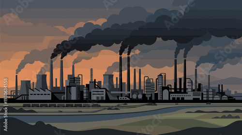 Industrial factory landscape with dark smoke plumes billowing from chimneys at sunset depicting environmental pollution concerns