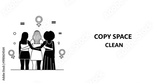 Diverse group of women standing together for gender equality illustration.