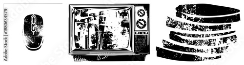 Retro computer mouse, old CRT with static, vinyl records stacked, vector art, nostalgic tech, analog, digital nostalgia.