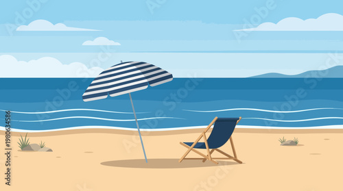 Relaxing beach scene with striped umbrella and lounge chair flat vector illustration