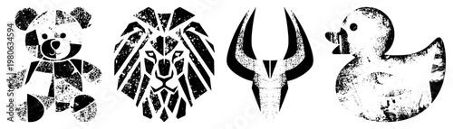 Abstract teddy bear, lion, bull, duck rendered in sharp black and white geometric shapes with gritty texture, ideal for logos or graphic design.