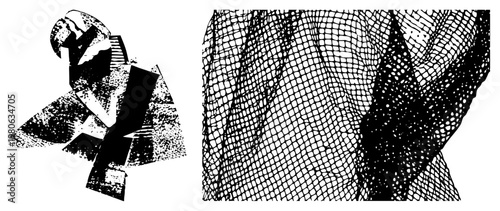 Fragmented black and white vector form with halftone dot, graphic composition, stylized silhouette, modern art design, isolated vector element.