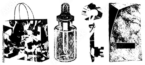 Four stylized vector rendered in halftone texture shopping bag, dropper bottle, key, and abstract panel., isolated, glyph style symbols with grainy detail.
