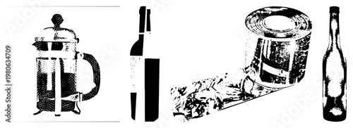 French press brewing coffee, wine bottle silhouette, foil roll unspooling, glass bottle, halftone vector graphic, isolated cutout elements, beverage container set.