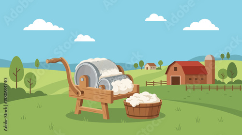 Vintage wool carding machine in a green farm landscape with barn