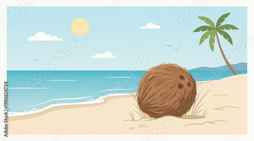 Large brown coconut resting on sandy beach near palm tree with calm turquoise ocean in a flat vector tropical island illustration