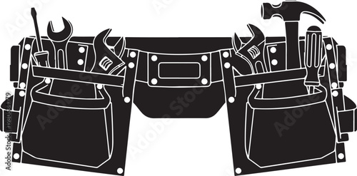 Black tool belt with white outlines and rivets tools