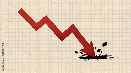 Red arrow graph a downward trend on paper