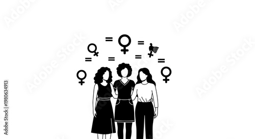 Illustration of three diverse women standing together with female gender symbols representing equality.