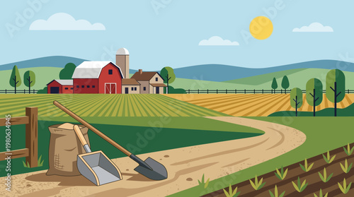 Farm landscape with shovel bag of soil and plowed fields