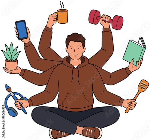A man sits cross-legged multitasking with phone, coffee, dumbbell, book, plant, headphones, and spoon in a lively indoor setting.