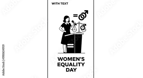 Woman standing at a podium with scales of justice representing womens equality day.