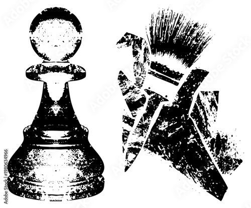 Black and white stylized pawn chess piece and brushstroke graphic, artistic symbols, creative design elements, vector art.