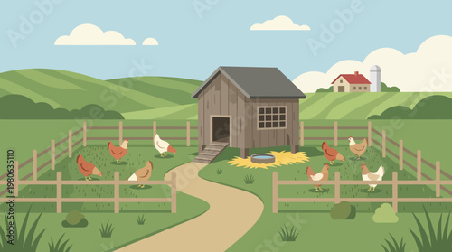 Charming illustration of a chicken coop with chickens in a green rural landscape