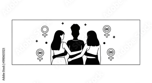 Three diverse women standing together in a supportive embrace for female empowerment.
