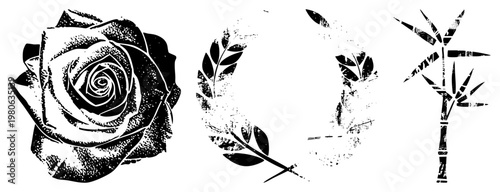 Black and white distressed and foliage motifs, vintage grunge texture, symbolic nature elements, isolated vector graphic, artistic stencil effect.