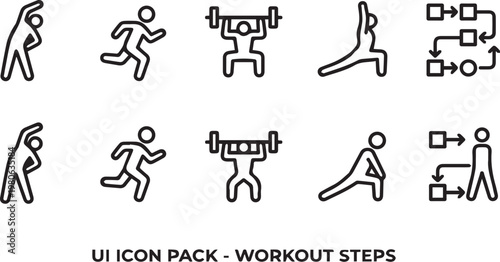 Minimalist workout steps UI icon pack, fitness training exercise line icons, black vector symbols for gym routine and athletic activity