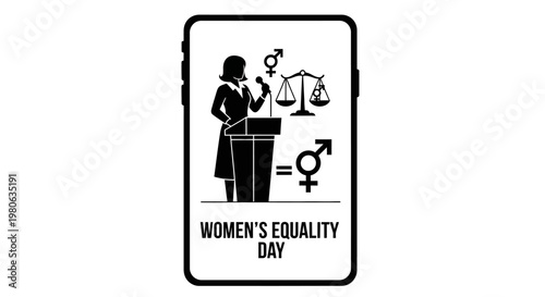 Illustration of a woman speaking at a podium for Women Equality Day.