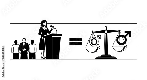 Gender Equality Concept Represented by a Woman Speaker and Balanced Scales.