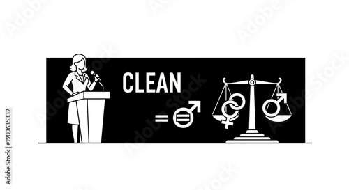Gender equality concept with a speaker and balance scale illustration.