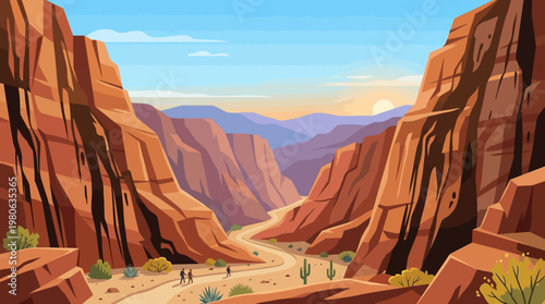 Hiking trail through deep desert canyon with tourists walking under dramatic cliffs and sunset sky vector art landscape