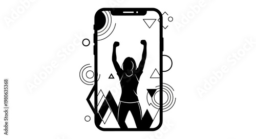 Silhouette of a triumphant woman with raised arms on a smartphone screen.