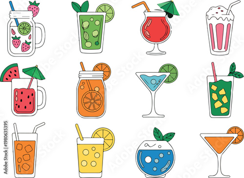 Assortment of Refreshing Drinks: A colorful array of summer drinks and beverages with a variety of flavors and garnishes for refreshing moments.