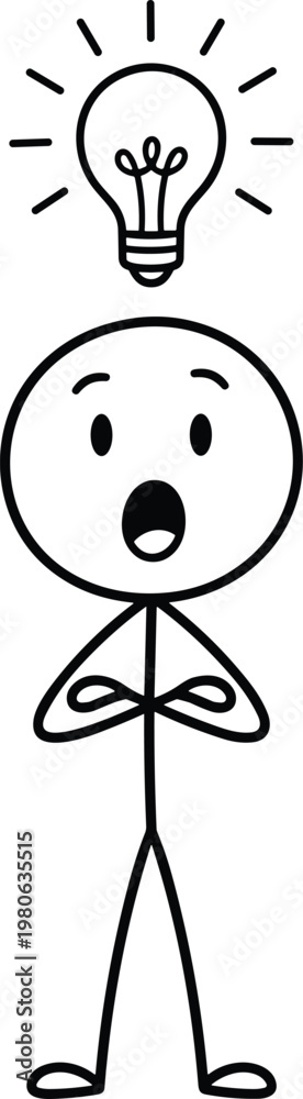 Fototapeta premium Stickman Character with Bright Light Bulb Idea, Creative Thinking Concept, Surprised Expression, Problem Solving, Innovation and Brainstorming Inspiration,