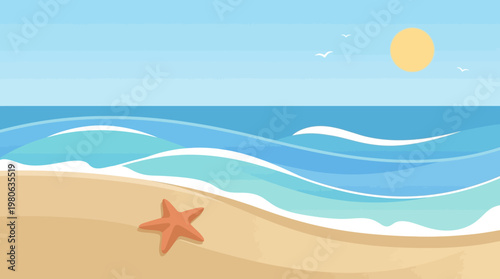 Peaceful seaside illustration showing a colorful starfish on sunlit beach with gentle ocean waves