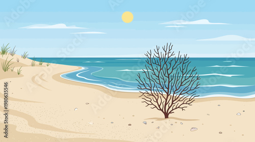 Tranquil coastal scene vector showing a unique dried coral tree on expansive sandy shore by calm water