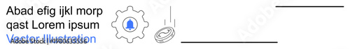 Alert systems, finance, automation, notifications, financial transactions, efficiency. Gear with a blue notification bell icon and a coin. Alert systems and finance concept