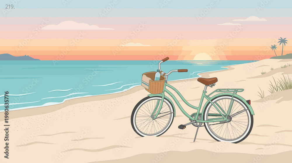 Fototapeta premium Vintage bicycle with woven basket parked on sandy beach at beautiful sunset with ocean waves