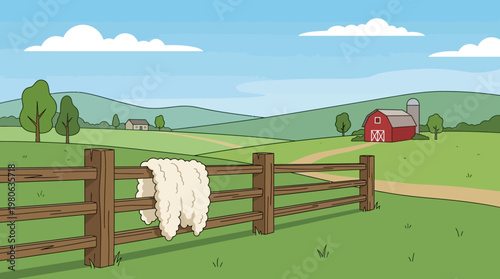 Wooden fence with sheep wool in a serene countryside farm illustration