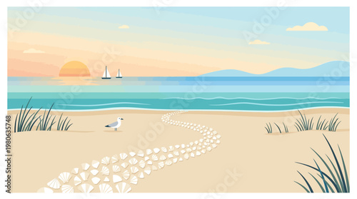 Seagull standing on sandy beach with seashell path leading to ocean at sunrise vector illustration