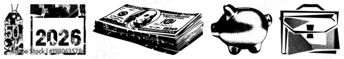 Discount tag, year 2026, cash stack, piggy bank, briefcase financial symbols in halftone vector style. Budget, finance, savings, commerce, planning.