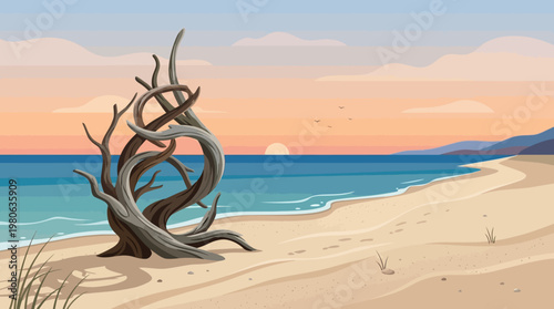 Dramatic twisted driftwood sculpture standing on sandy beach at beautiful ocean sunset