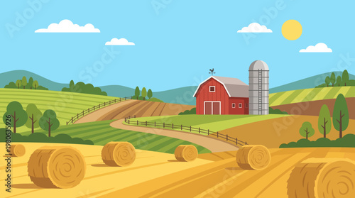 Golden hay bales scattered across a sunlit farm field with red barn and silo