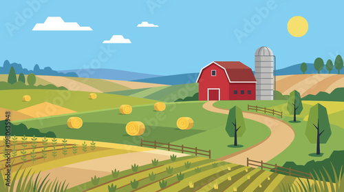 Green farm landscape with rolling hills hay bales and red barn under sunny sky