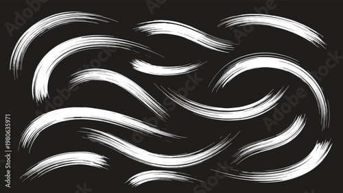 Set of thick white brush strokes with a curved motion are displayed on a solid black background for artistic contrast.